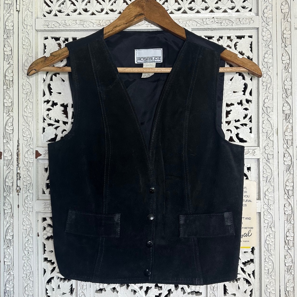 Vintage NWT Black Suede Leather Biker Snap‎ Button Vest Sz Medium